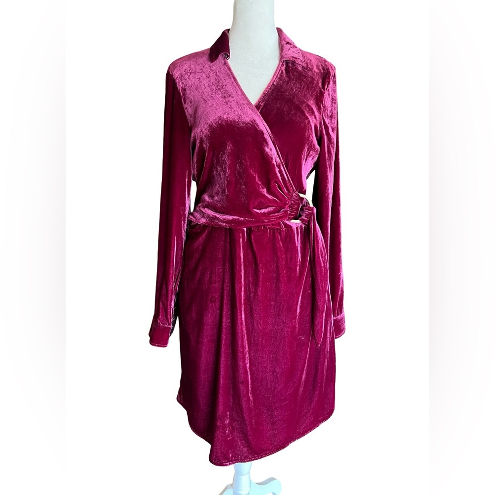 Maeve X Anthropologie $168 Cranberry Velvet Wrap Buckle Roll-Tab Contrast Dress